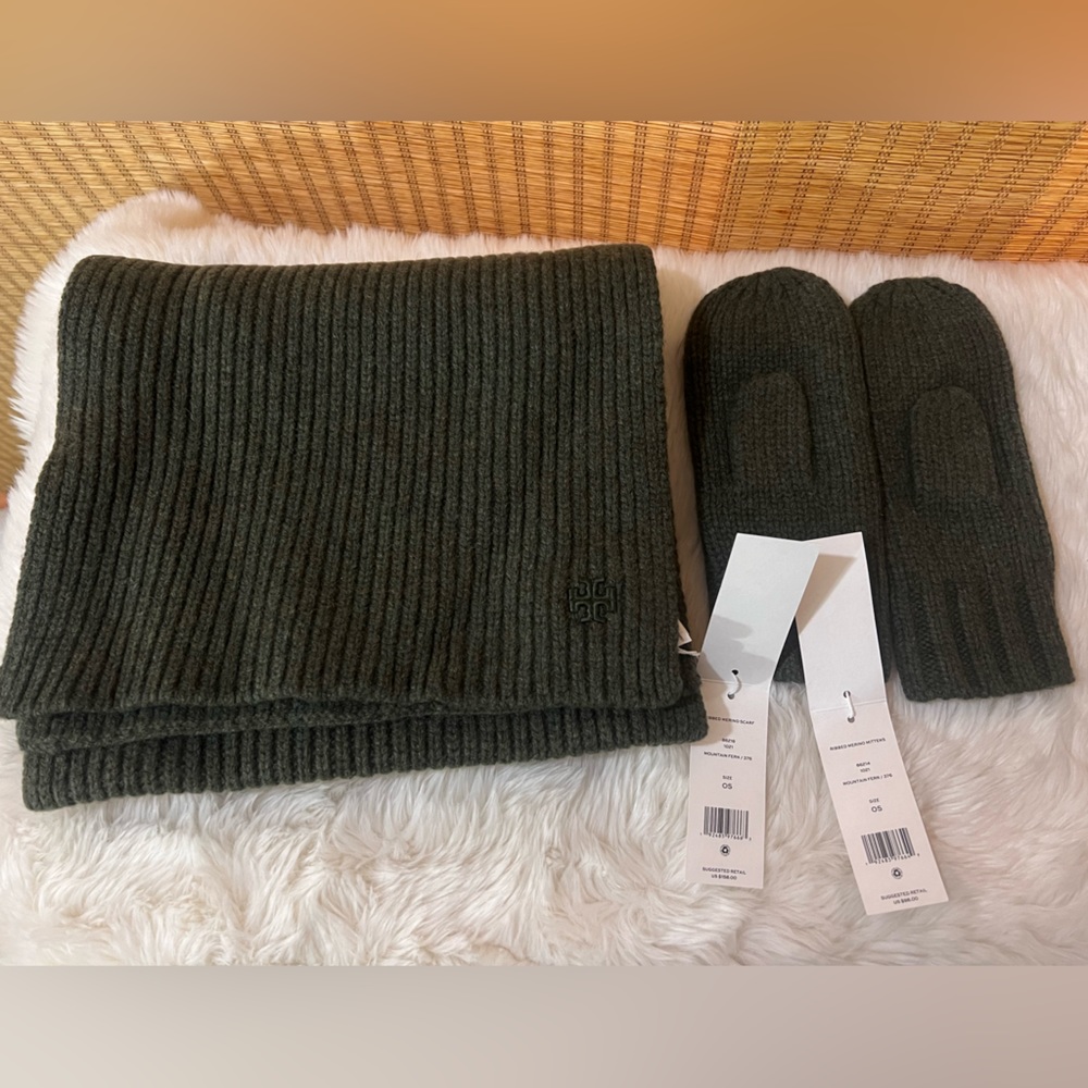 NWT Tory Burch Ribbed Merino Wool Oblong Scarf and Mittens sets